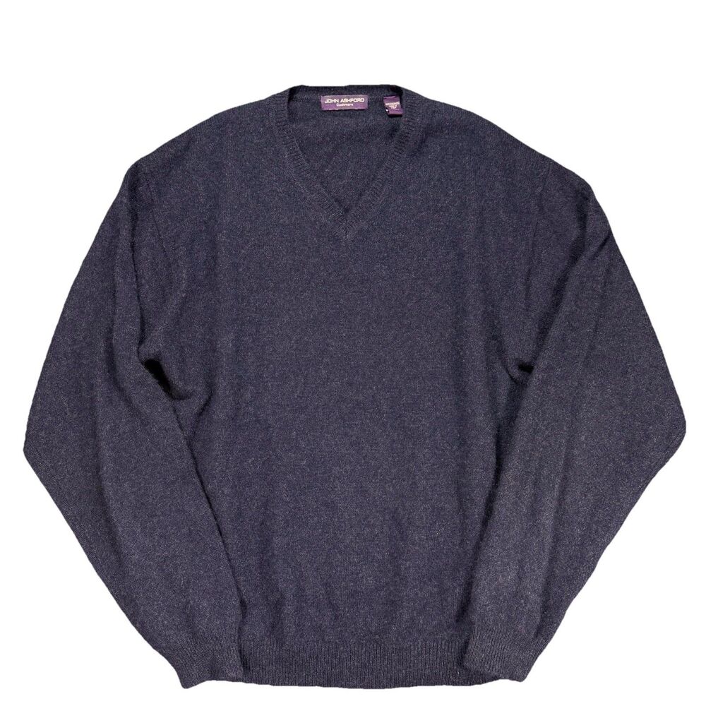 J. Ashford 100% Cashmere Sweater Mens Large Blue V-Neck Long Sleeve Pullover